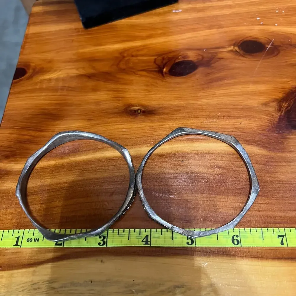 Chico's Hammered Metal Silver Tone Bangle Set 2 Pieces Crystals Accent Bracelets